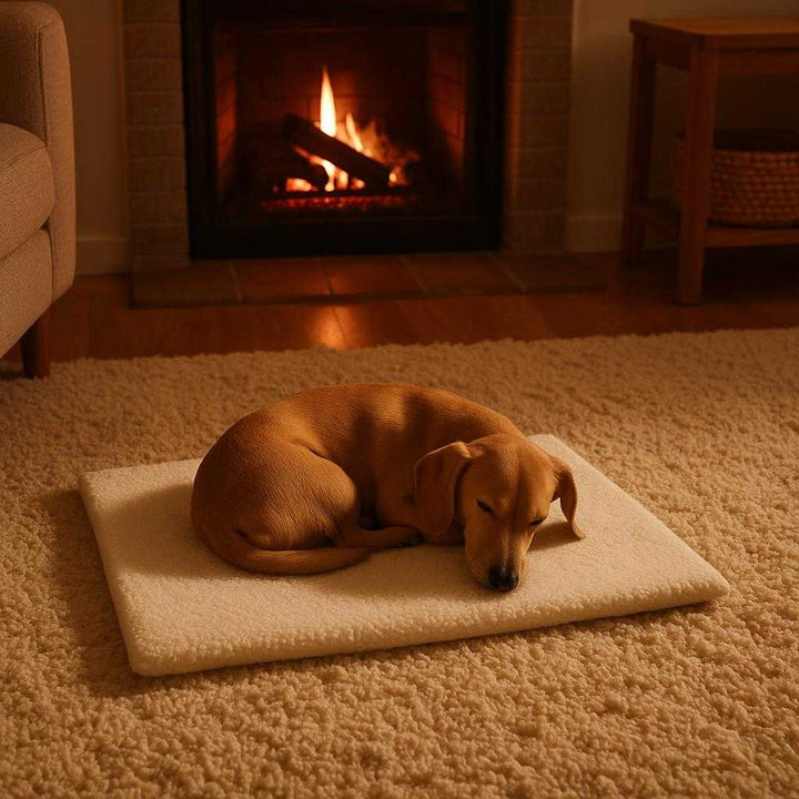 Termomåtte til Kæledyr - Selvopvarmende og Komfortabel - Perfekt til Vinterbrug - Tilgængelig i Te-brun og Hvid: A cozy living room setting where the self-heating pet mat is properly grounded on a plush rug near a glowing fireplace, actively used by a small dog curled up on the mat.