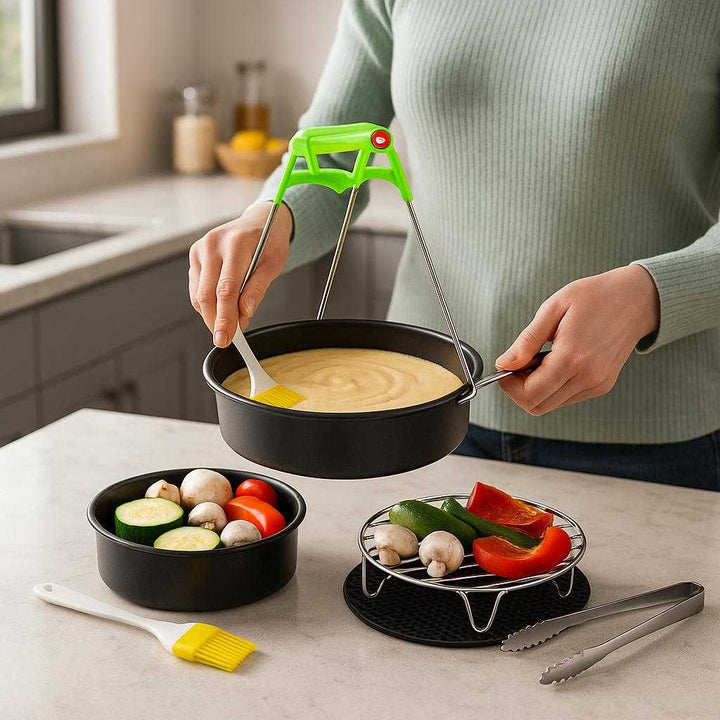 Tilbehørssæt til Airfryer - Optimeret Rundt Design i Høj Kvalitet med Modulære Funktioner: A realistic modern kitchen setting with a sleek countertop where the air fryer accessory set is properly grounded on the marble surface, being actively used by a person preparing a meal.