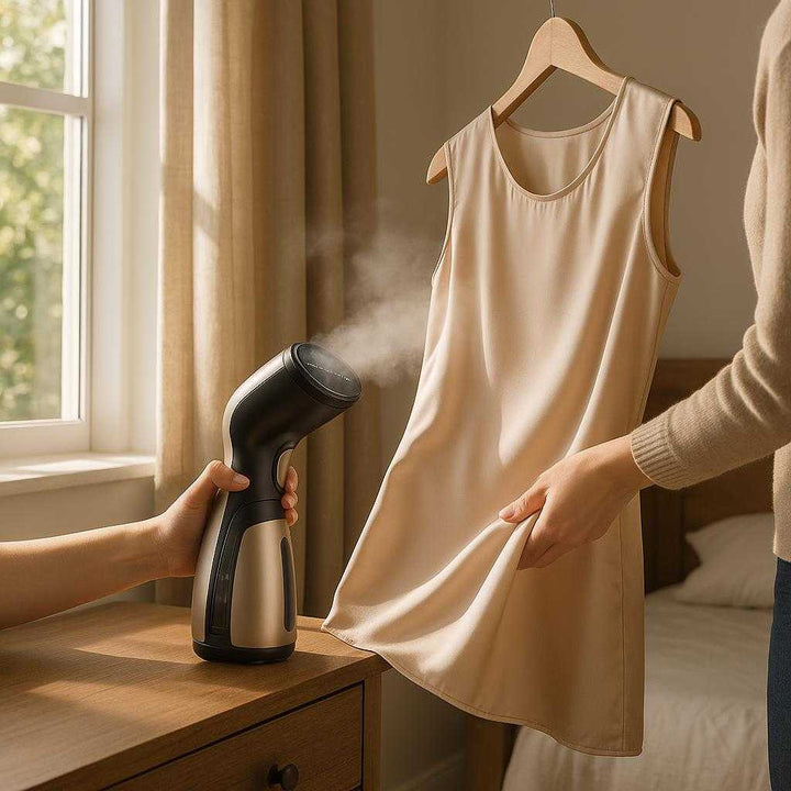 Tøjdamper Professionel til Hjemmebrug og Rejser - Ergonomisk Guld Design til Høj Kvalitet og Effektivitet: A realistic bedroom setting where the Tøjdamper Professionel is properly grounded on a wooden dresser, being actively used by a person to remove wrinkles from a hanging silk dress.