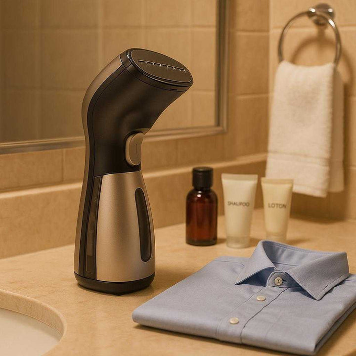 Tøjdamper Professionel til Hjemmebrug og Rejser - Ergonomisk Guld Design til Høj Kvalitet og Effektivitet: A different realistic hotel room setting where the Tøjdamper Professionel is securely positioned on a bathroom countertop next to travel toiletries.