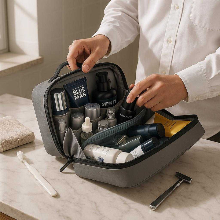 Toilet Taske i Polyester og Nylon - Vandafvisende, kompakt, Grå og Sort: A realistic bathroom counter setting where the toiletry bag is properly grounded on a marble countertop, being actively used by a person packing it with travel-sized toiletries and grooming products.