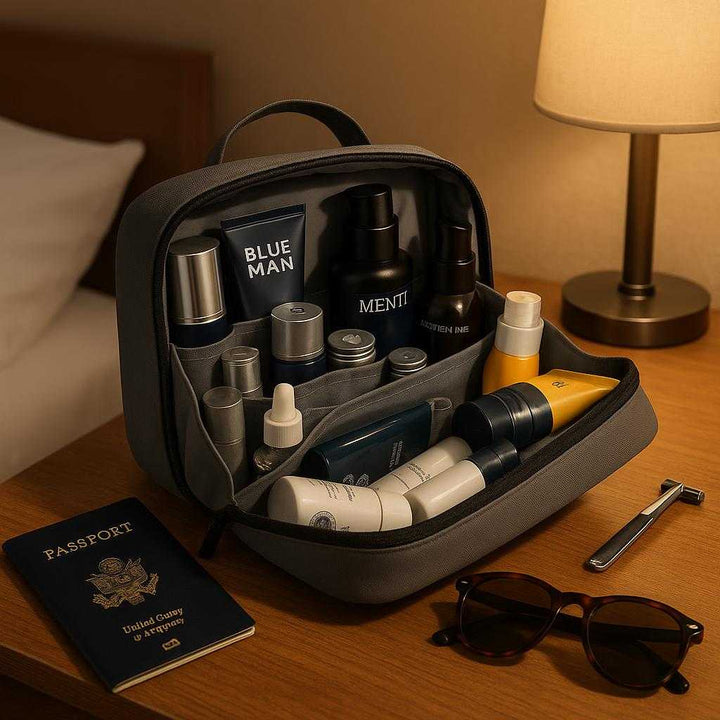 Toilet Taske i Polyester og Nylon - Vandafvisende, kompakt, Grå og Sort: A different realistic hotel room setting where the toiletry bag is securely positioned on a wooden dresser, naturally placed among other travel essentials, including a passport and sunglasses.