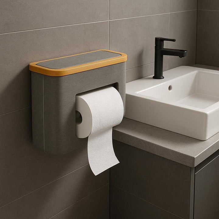 Toiletpapirholder i Sort, Grå og Hvid med Trædetaljer - Moderne Design og Holdbarhed. The modern toilet paper holder with wooden details is mounted on a sleek bathroom wall, seamlessly dispensing paper next to a minimalist sink setup.