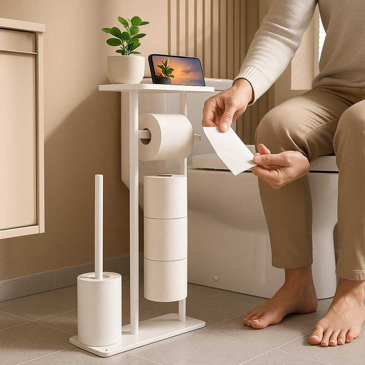Toiletrulleholder med Opbevaring: Fritstående, Pladsbesparende og Moderne Design i Hvid eller Sort: A realistic modern bathroom setting where the product is properly grounded on a tiled floor beside a sleek toilet, being actively used by a person taking a toilet paper roll from the holder.