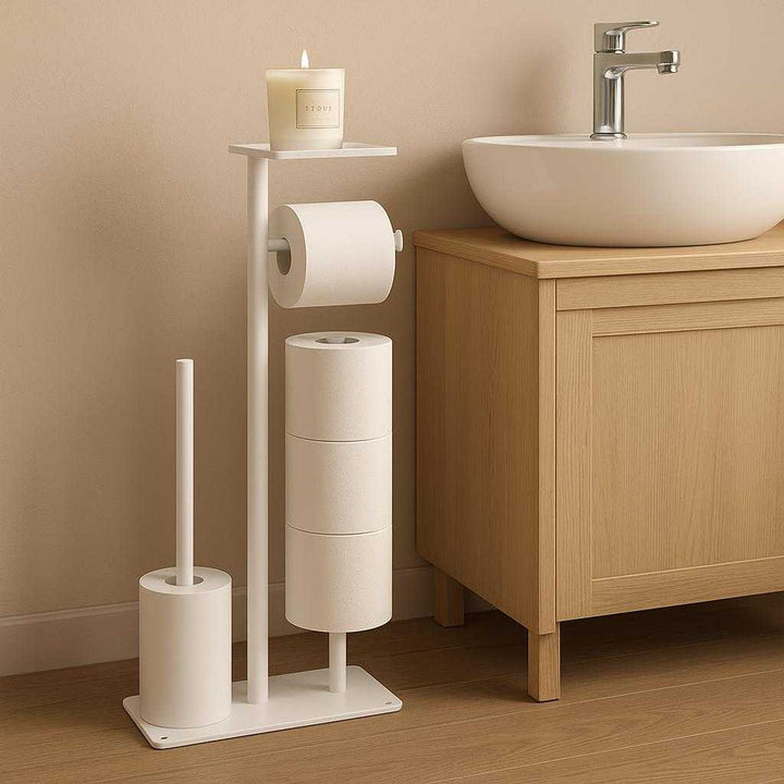 Toiletrulleholder med Opbevaring: Fritstående, Pladsbesparende og Moderne Design i Hvid eller Sort: A different realistic guest bathroom setting where the product is securely positioned on a wooden floor next to a stylish sink.