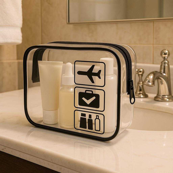 Toilettaske Gennemsigtig med Lynlås - Høj Kvalitet til Rejser, Praktisk og Stilfuld. The stylish and practical toiletry bag sits on a chic hotel bathroom counter, neatly packed with skincare essentials, reflecting a comfortable travel lifestyle.