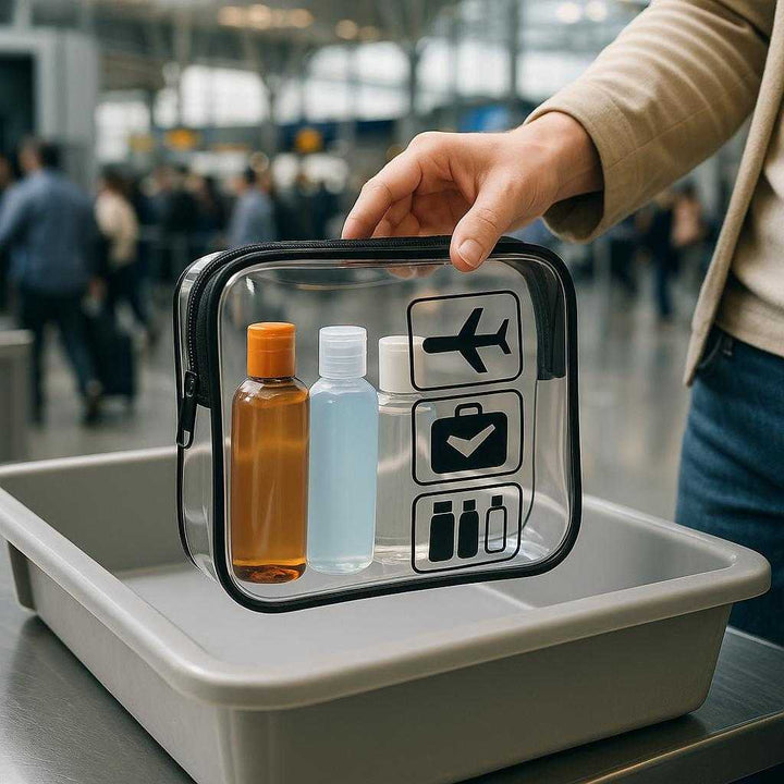 Toilettaske Gennemsigtig med Lynlås - Høj Kvalitet til Rejser, Praktisk og Stilfuld. The transparent toiletry bag is being used at an airport security checkpoint, filled with travel-sized liquid bottles, as a traveler places it in a bin with a bustling airport backdrop.