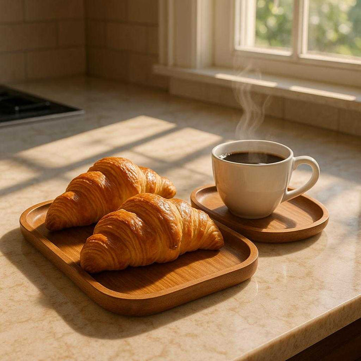 Træbakke i Massivt Træ - Moderne og Multifunktionel til Servering og Opbevaring: A realistic kitchen setting where the tray is properly grounded on a marble countertop, being actively used to serve freshly baked croissants and a steaming cup of coffee, with natural sunlight streaming through a window, casting realistic shadows and showing clear contact points where the tray touches the countertop.
