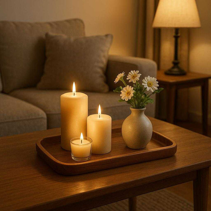 Træbakke i Massivt Træ - Moderne og Multifunktionel til Servering og Opbevaring: A different realistic living room setting where the tray is securely positioned on a wooden coffee table, holding an arrangement of decorative candles and a small vase of fresh flowers, in a believable way.