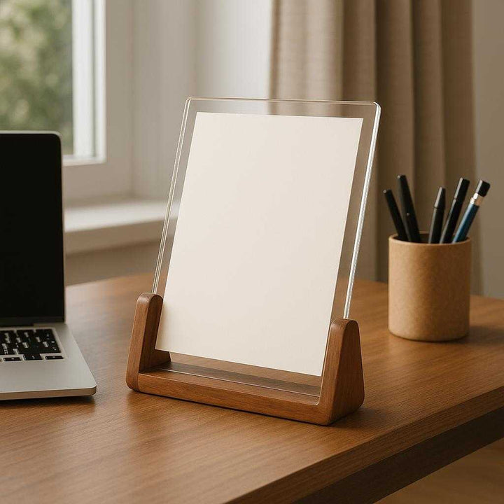 Træbilledramme i moderne design – Perfekt til udstilling af fotos og dokumenter i hjemmet eller på kontoret: A realistic home office setting where the product is properly grounded on a sleek wooden desk, being naturally placed beside a laptop and stationary, with natural lighting from a nearby window casting realistic shadows and showing clear contact points where the product touches the desk.