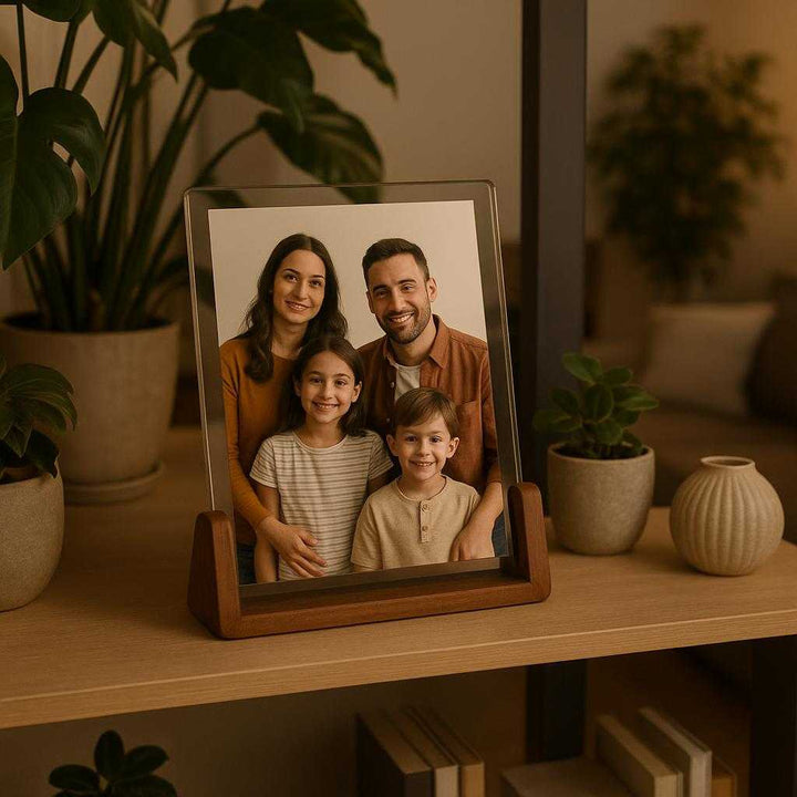 Træbilledramme i moderne design – Perfekt til udstilling af fotos og dokumenter i hjemmet eller på kontoret: A different realistic living room environment where the product is securely positioned on a minimalist bookshelf, being used to display a family photo, surrounded by indoor plants and decorative items, with soft evening light enhancing the warm ambiance and creating appropriate shadows and integration into the scene.