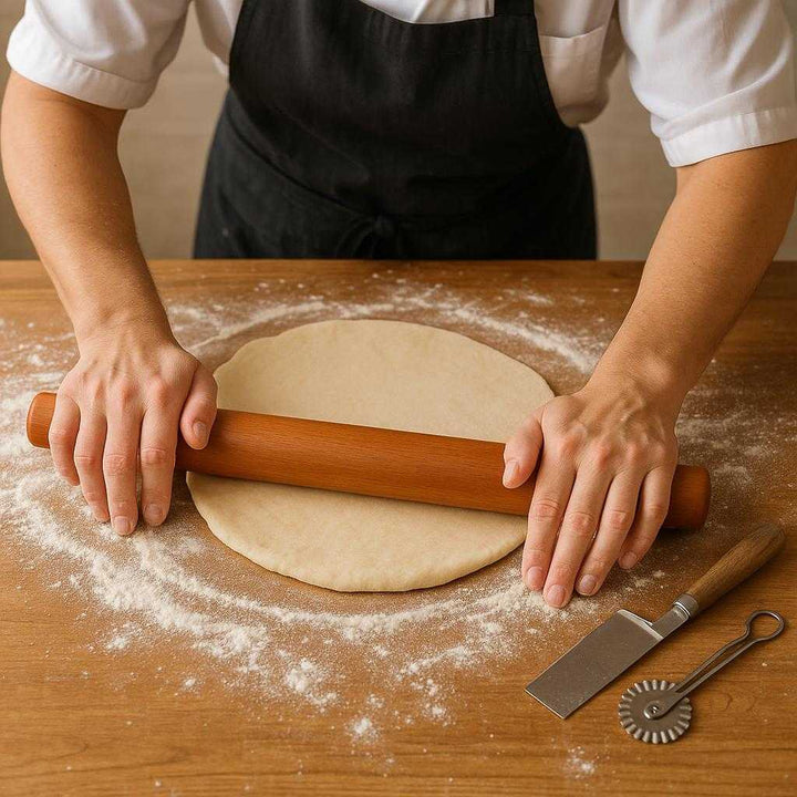 Trædejrulle i Premium Træ - Høj Kvalitet og Naturlig Elegance til Professionel Bagning. A professional baker smoothly rolls out dough on a wooden countertop using the premium wooden rolling pin, with flour gently scattered around and pastry tools nearby.