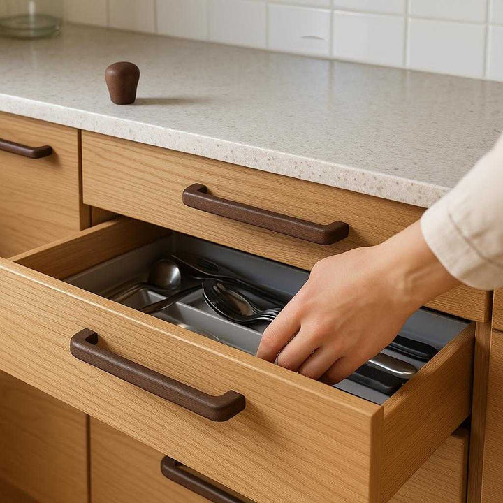 Trægreb i Bøg & Valnød – Minimalistisk Elegance til Skuffer og Skabe: A realistic kitchen setting where the Trægreb i Bøg & Valnød handles are properly grounded on a sleek, modern wooden drawer.