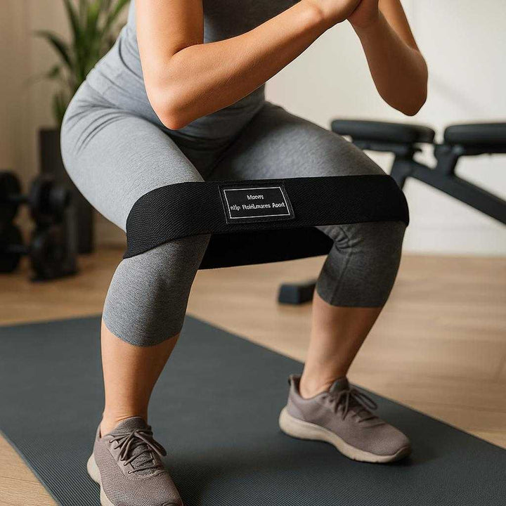Træningselastik til Styrketræning - Sort, Grå, Lysegrå - Ideel til Hjemmetræning og Fitness: A realistic home gym setting where the black resistance band is properly grounded on an exercise mat, being actively used by a person doing squats, with natural lighting casting realistic shadows and showing clear contact points between the band and the floor.