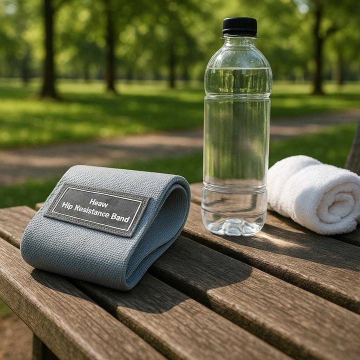 Træningselastik til Styrketræning - Sort, Grå, Lysegrå - Ideel til Hjemmetræning og Fitness: A different realistic outdoor park setting where the gray resistance band is securely positioned on a park bench, being naturally placed next to a water bottle and towel, with proper physics and shadows, creating a believable integration into the fitness environment.