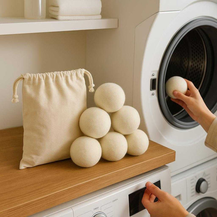 Tørrebolde 6 stk - Professionel Tørring med Uldfilt i Hvid og Grå til Effektiv Statisk Reduktion: A realistic laundry room setting where the product is properly grounded on a wooden shelf, being actively used by a person who is placing the woolen dryer balls into a front-loading washing machine.