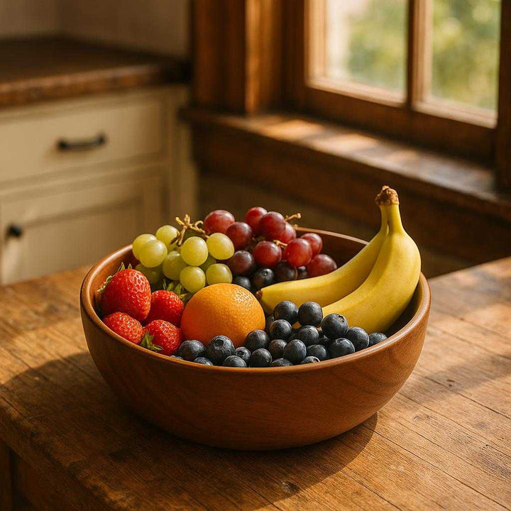 Træskål i valnøddetræ - Naturlig og elegant til servering og opbevaring. The elegant walnut wood bowl is filled with fresh, colorful fruit and placed on a rustic kitchen island, with natural sunlight streaming through a nearby window.