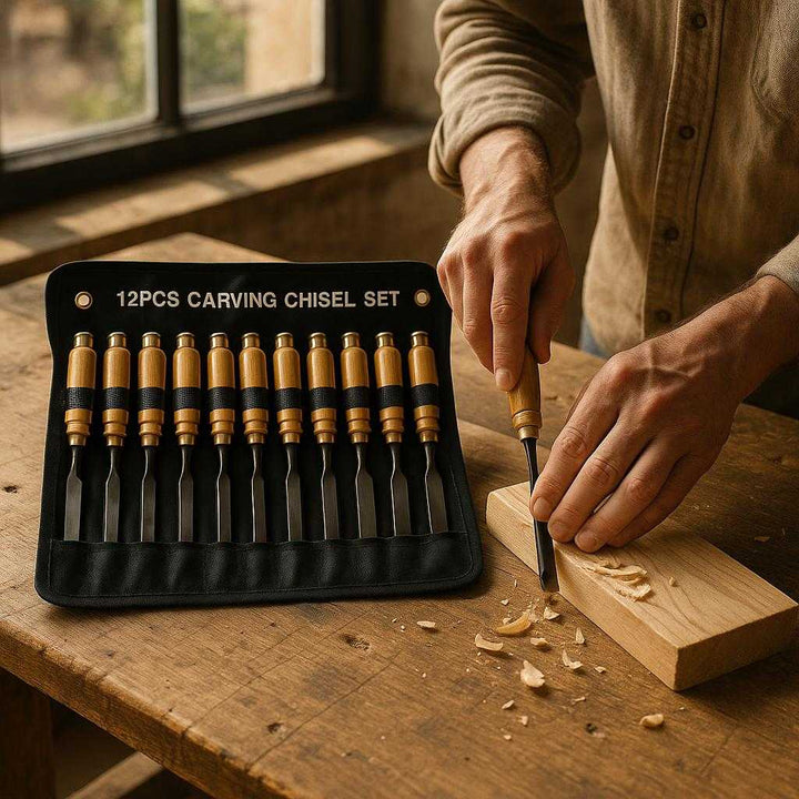 Træsæt i Træ, Metal og Stof - 12 stk. med Præcision og Holdbarhed: A realistic workshop setting where the chisel set is properly grounded on a sturdy wooden workbench, being actively used by a craftsman's hands to carve into a piece of soft wood.