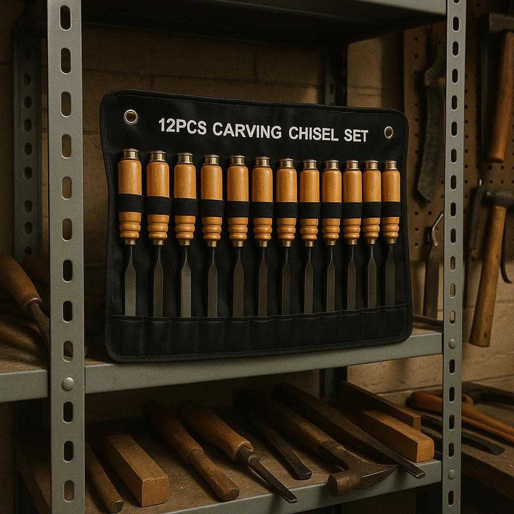 Træsæt i Træ, Metal og Stof - 12 stk. med Præcision og Holdbarhed: A different realistic home garage setting where the chisel set is securely positioned on a metal tool shelf, neatly organized in its case.