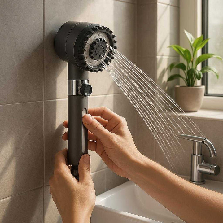 Trykregulering Brusehoved i Moderne Design - Høj Kvalitet og Avanceret Funktionalitet: A realistic modern bathroom setting where the Trykregulering Brusehoved is properly grounded on a sleek bathroom wall, being actively used by a person with visible hands adjusting the water pressure using the control knob.