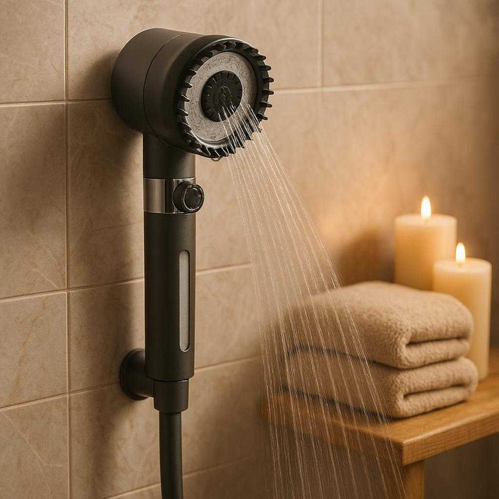 Trykregulering Brusehoved i Moderne Design - Høj Kvalitet og Avanceret Funktionalitet: A different realistic spa environment where the Trykregulering Brusehoved is securely positioned on a tiled shower wall.