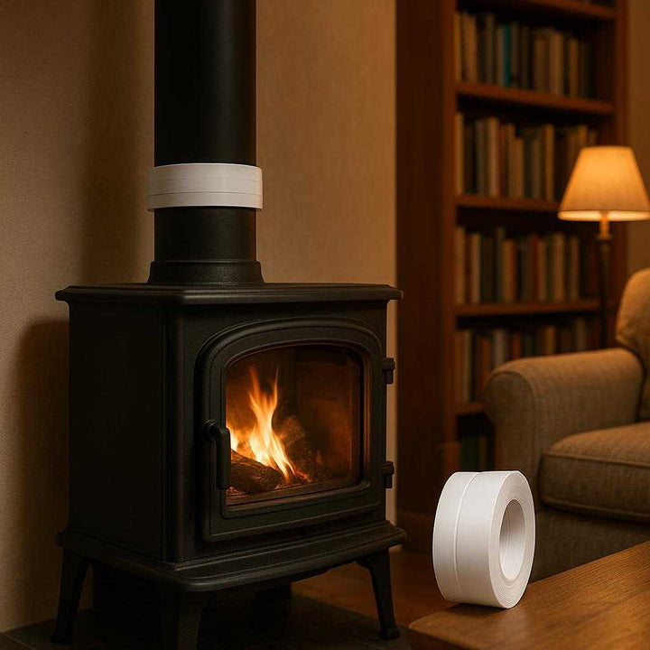 Tætningsbånd til Brændeovn og Tagplader - Hvidt Selvklæbende, Vandtæt og Fleksibelt - 3,2m: A cozy living room setting with a wood-burning stove prominently featured.