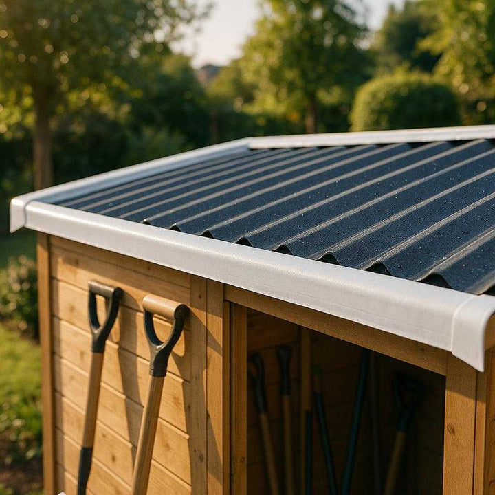 Tætningsbånd til Brændeovn og Tagplader - Hvidt Selvklæbende, Vandtæt og Fleksibelt - 3,2m: A modern outdoor scene where the product is applied on the roof of a garden shed.