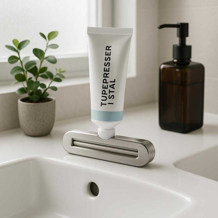 Tubepresser i Stål - Effektiv og Praktisk Hjælpemiddel til Badeværelse og Køkken: A modern bathroom setting with sleek, minimalist decor, where the 'Tubepresser i Stål' is seamlessly attached to a pristine white sink counter.