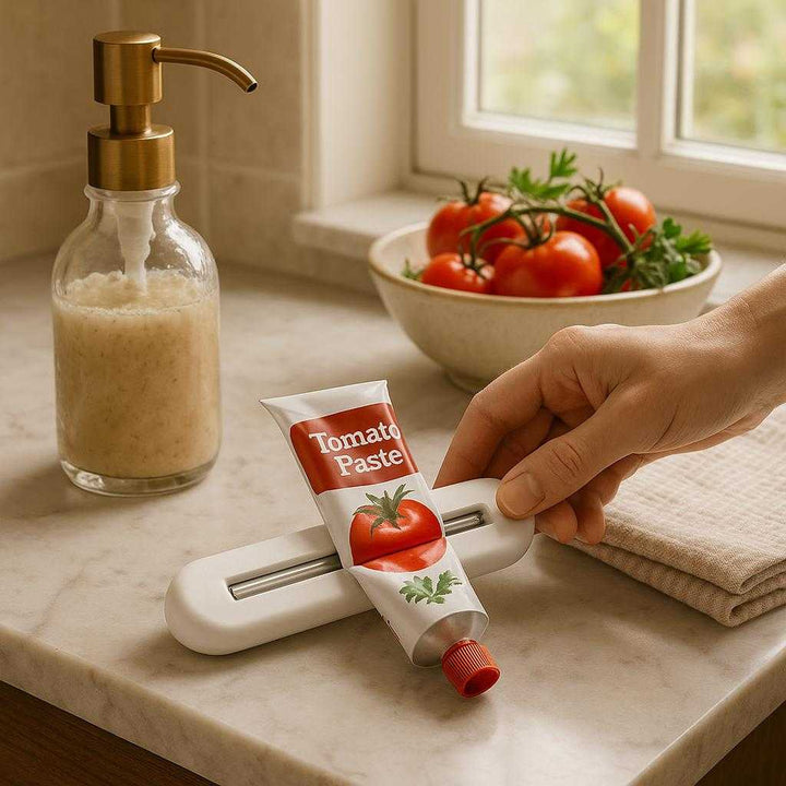 Tubepresser i Stål - Effektiv og Praktisk Hjælpemiddel til Badeværelse og Køkken: A cozy kitchen environment where the 'Tubepresser i Stål' is skillfully placed on a marble countertop next to a fancy soap dispenser and a neatly folded dish towel.