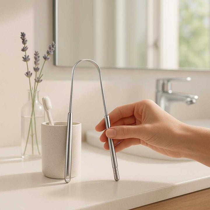 Tungeskraber i Rustfrit Stål - Effektiv Mundhygiejne og Frisk Ånde, Sølvfarvet: A bright, modern bathroom setting with a large mirror and a sink in the background.