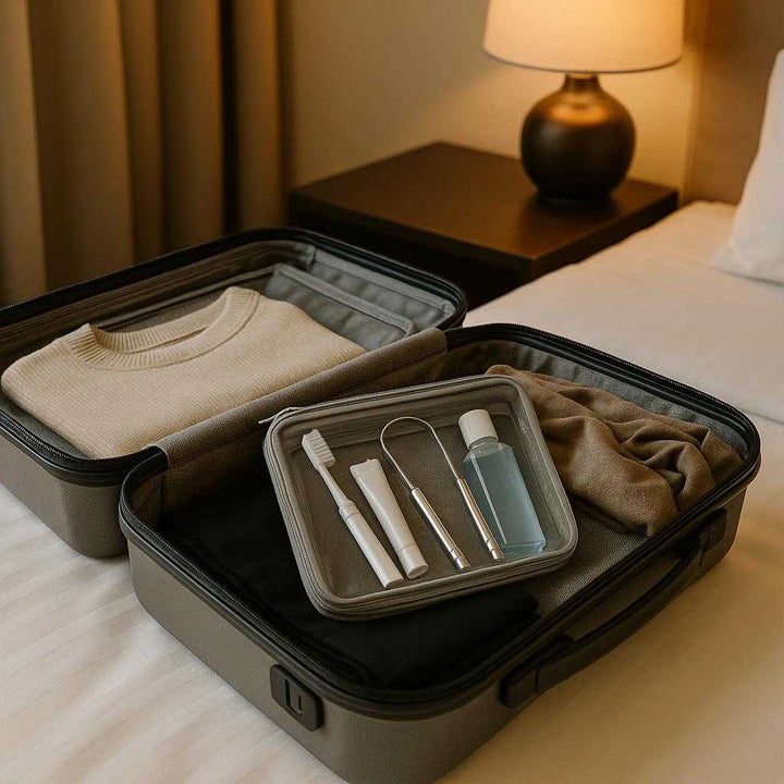 Tungeskraber i Rustfrit Stål - Effektiv Mundhygiejne og Frisk Ånde, Sølvfarvet: A travel-themed scene featuring a neatly packed suitcase on a hotel bed, with a luxurious, neutral-toned background.