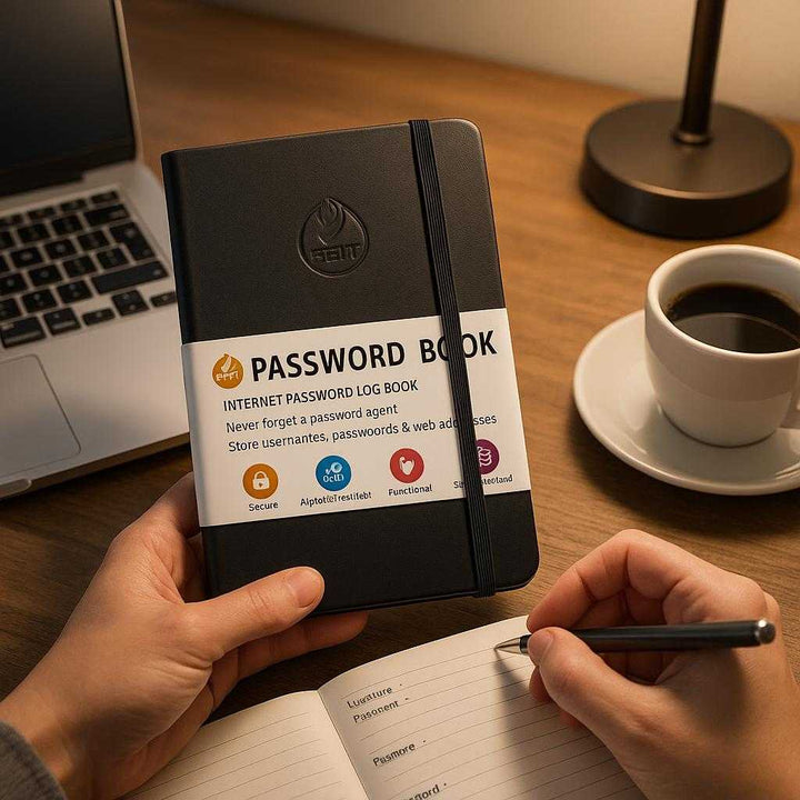 Tykk notesbog med alfabetiske faner – Perfekt til opbevaring af passwords og webadresser: A realistic office desk setting where the password notebook is properly grounded on a wooden desk next to a laptop and a cup of coffee, being actively used by a person writing inside it with a pen.