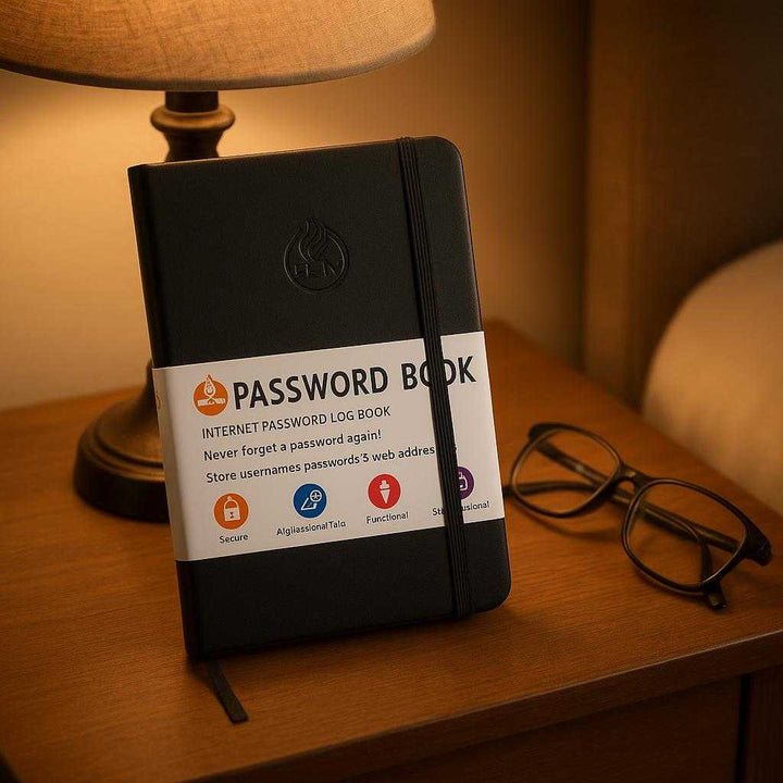 Tykk notesbog med alfabetiske faner – Perfekt til opbevaring af passwords og webadresser: A different realistic home setting where the password notebook is securely positioned on a bedside table next to a reading lamp and a pair of reading glasses, naturally placed as part of a night routine.