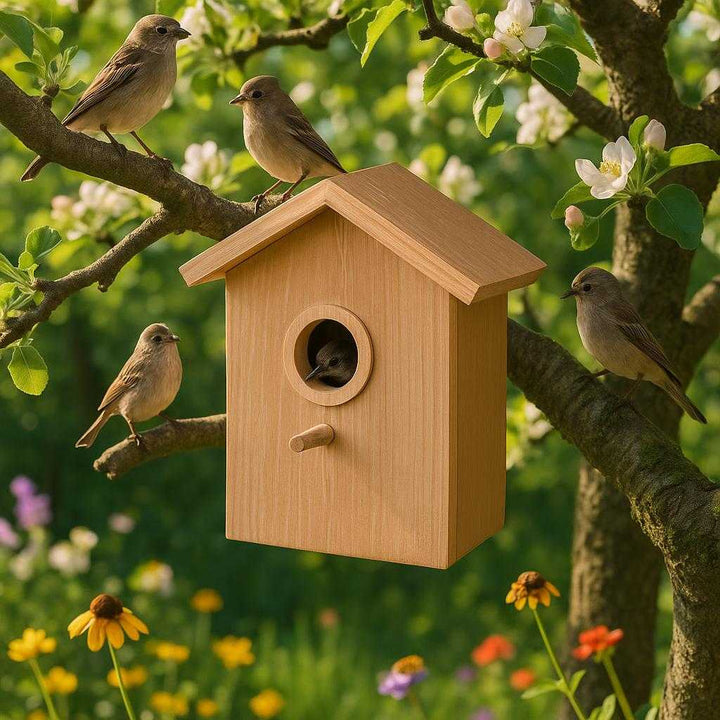 Udendørs fuglekasse i træ - Naturlig og dekorativ til haven: A lush, vibrant garden setting, where the wooden birdhouse is securely mounted on a sturdy branch of a blooming fruit tree.