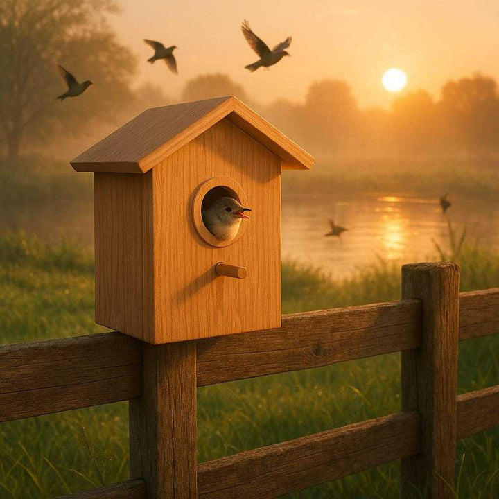 Udendørs fuglekasse i træ - Naturlig og dekorativ til haven: A peaceful backyard scene during early morning sunrise, where the wooden birdhouse is elegantly mounted on a rustic wooden fence.