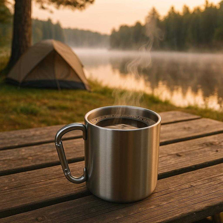 Udendørskop i Rustfrit Stål med Karabinhank - Høj Kvalitet og Robust Design til Campingoplevelser. The robust stainless steel cup, filled with steaming coffee, is set on a wooden picnic table amid a serene lakeside campsite during dawn, with mist rising from the water.