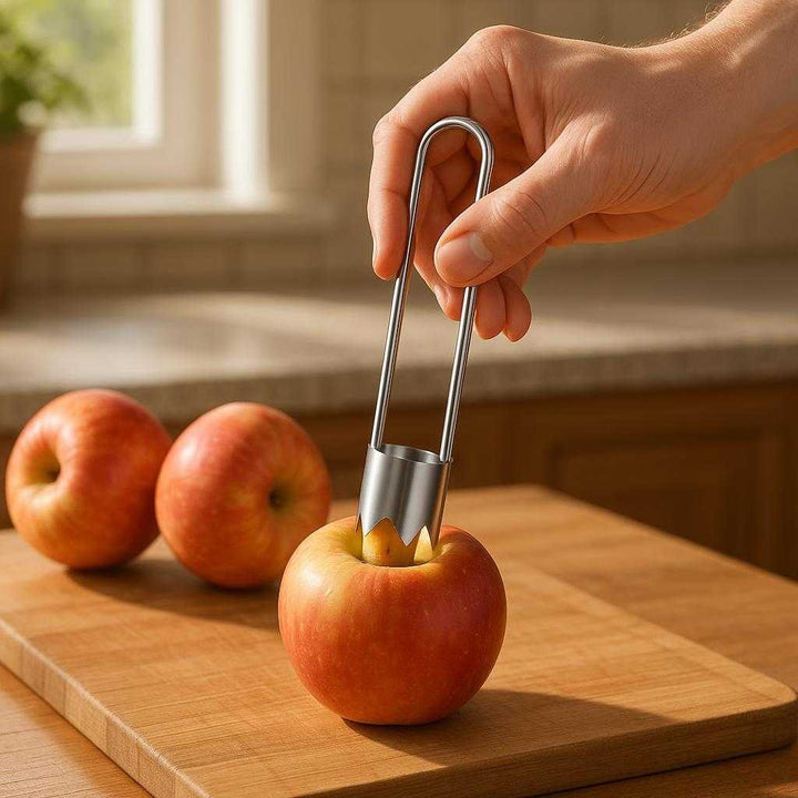 Udkerner i rustfrit stål - Effektiv til æbler og granatæbler, nem at bruge og moderne design: A realistic kitchen setting where the product is properly grounded on a wooden cutting board, being actively used by a person's hand to core an apple.