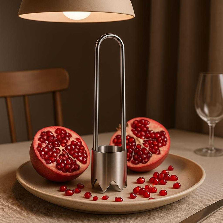 Udkerner i rustfrit stål - Effektiv til æbler og granatæbler, nem at bruge og moderne design: A different realistic dining room setting where the product is securely positioned on a ceramic plate, surrounded by freshly opened pomegranate halves.