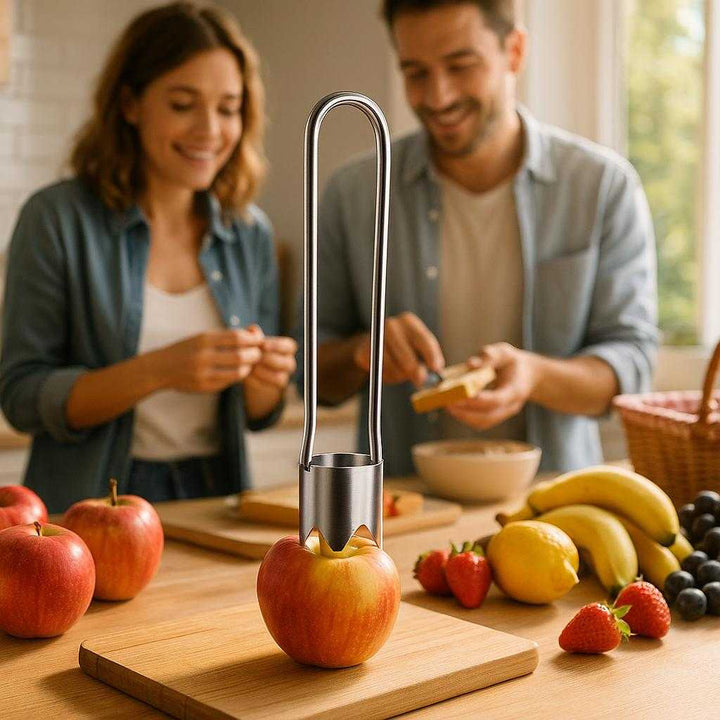 Udkerner i rustfrit stål - Effektiv til æbler og granatæbler, nem at bruge og moderne design. In a sunlit kitchen, the tool is effortlessly coring an apple on a wooden cutting board, surrounded by a vibrant array of fresh fruits, with a joyful couple preparing snacks for a picnic.