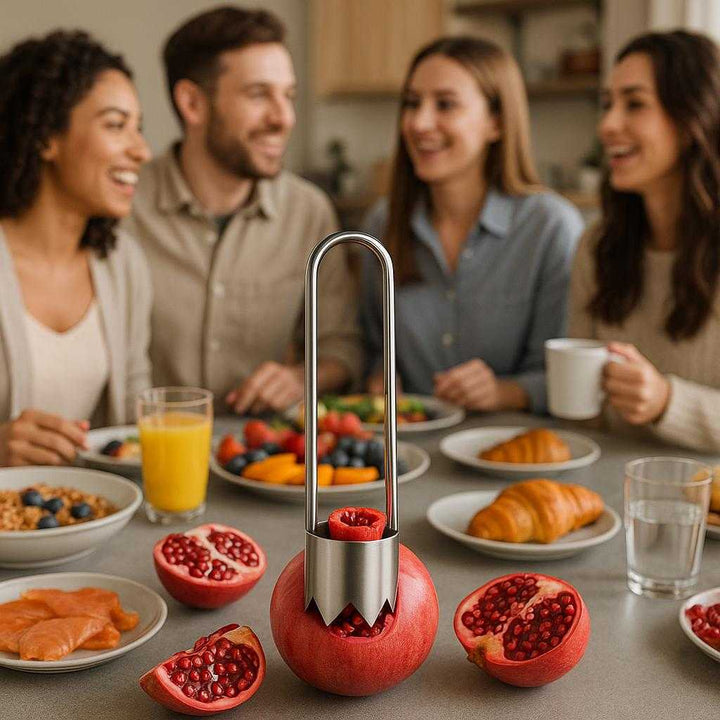 Udkerner i rustfrit stål - Effektiv til æbler og granatæbler, nem at bruge og moderne design. The product is showcased on a sleek kitchen island during a bustling brunch, as it cleanly cores pomegranates, with a group of friends enjoying lively conversation and a delicious spread.