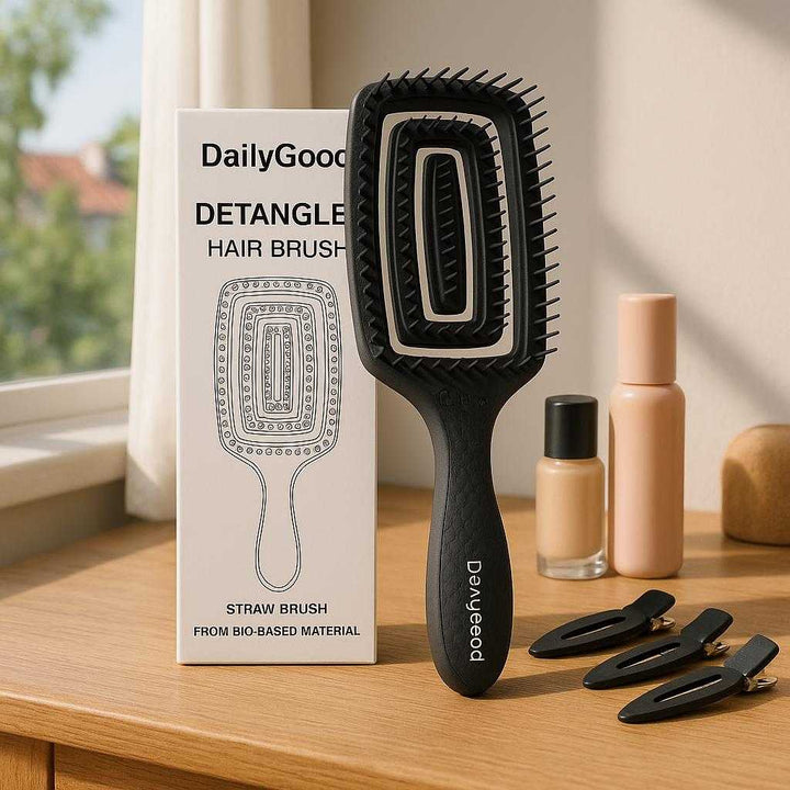 Udrednings børste - Praktisk og funktionel i farverne Sort, Lilla, Lyserød, Blå, Beige, Grøn: A different realistic dressing room setting where the brush is securely positioned on a wooden vanity, surrounded by hair accessories and cosmetics, naturally placed as part of a morning routine with an open window providing natural light, proper physics, shadows, and realistic integration into the vibrant, everyday environment.