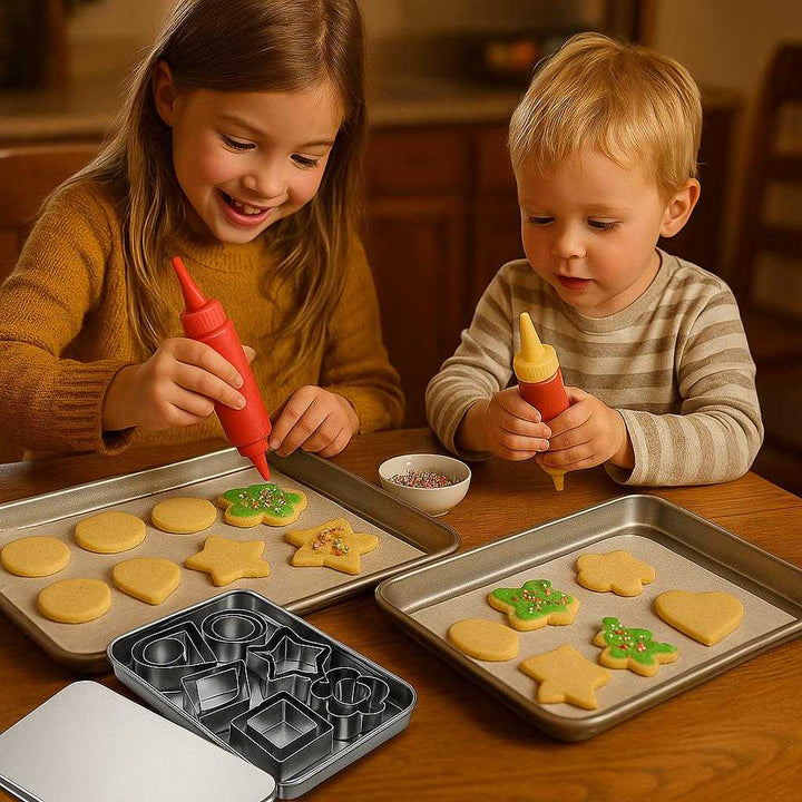 Udstiksforme i Rustfrit Stål – 12 Dele Professionel Sæt til Kreativ Bagning med Høj Kvalitet: A different realistic family baking environment where the product is securely positioned on a dining table.