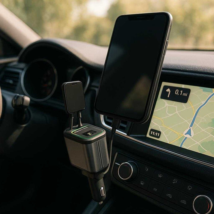 Udtrækkelig Bil Mobiloplader med Hurtig Opladning - Sort og Sølvgrå: A sleek and modern car interior during daytime, where the retractable car mobile charger is plugged into the vehicle's cigarette lighter socket, with a smartphone connected.