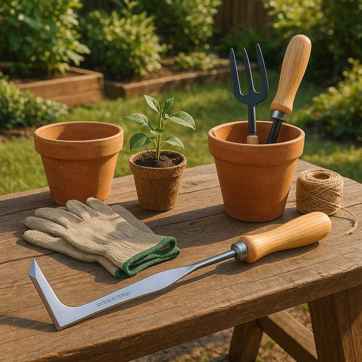 Ukrudtfjerner i Rustfrit Stål med Træhåndtag – Professionel og Høj Kvalitet til Fliser og Bede. Displayed on a rustic wooden table, the elegant weed remover is highlighted alongside a gardening kit amidst a neatly arranged backyard garden setting.