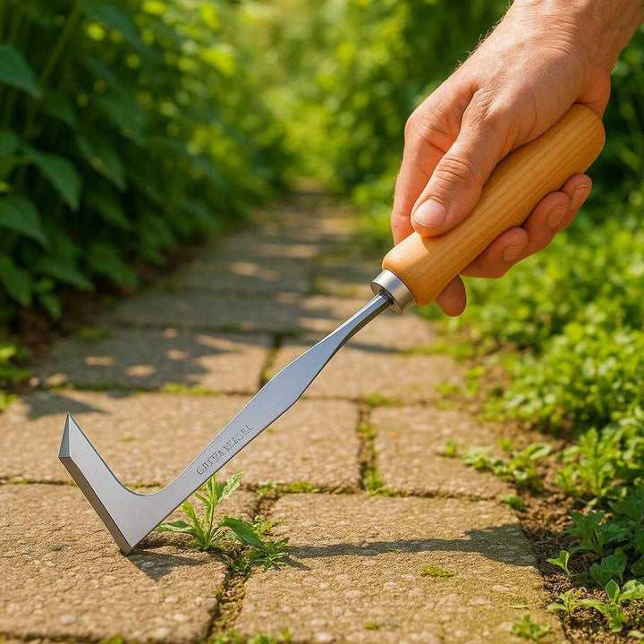 Ukrudtfjerner i Rustfrit Stål med Træhåndtag – Professionel og Høj Kvalitet til Fliser og Bede. The stainless steel weed remover with a wooden handle is being used to extract weeds from between paving stones in a sunlit garden path, surrounded by lush greenery.