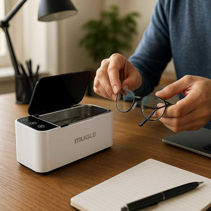 Ultralydsrenser – Kompakt Professionel Rens til Smykker, Briller og Ure, Høj Kvalitet og Avanceret Design: A realistic home office setting where the product is properly grounded on a neatly organized desk, being actively used by a person's hands to clean a pair of eyeglasses.