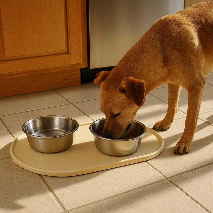 Underlag til hundeskåle i elegant beige - Skridsikker og praktisk løsning til moderne hjem: A realistic kitchen setting where the product is properly grounded on a tiled kitchen floor, being naturally placed with two stainless steel dog bowls on top.