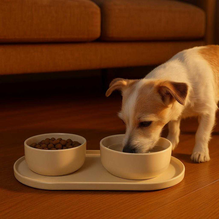 Underlag til hundeskåle i elegant beige - Skridsikker og praktisk løsning til moderne hjem: A different realistic living room setting where the product is securely positioned on a hardwood floor, with a modern sofa in the background.