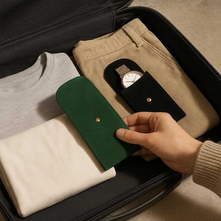 ur Rejse Etui i Ruskind, Metal og Stof - Beskytter Mod Ridser, Let at Transportere, Stilfuldt Design: A realistic luggage packing scenario where the suede, metal, and fabric travel case is properly grounded on an open suitcase amidst neatly folded clothes, being naturally placed by a person organizing their travel essentials, with natural lighting casting realistic shadows and showing clear contact points between the case and the suitcase fabric.