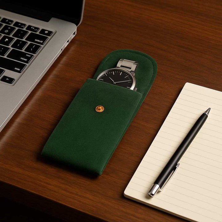 ur Rejse Etui i Ruskind, Metal og Stof - Beskytter Mod Ridser, Let at Transportere, Stilfuldt Design: A different realistic office desk setting where the travel case is securely positioned on a polished wooden desk, being used to store a sleek watch, surrounded by a laptop, notepad, and pen, with proper physics and shadows making the case appear integrated into the professional workspace.